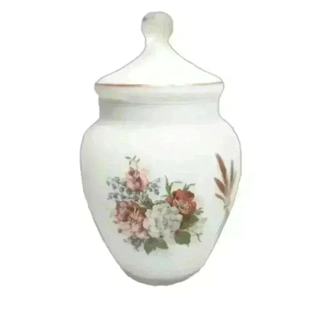Norleans Floral Apothecary Jar white satin vintage jar with lid